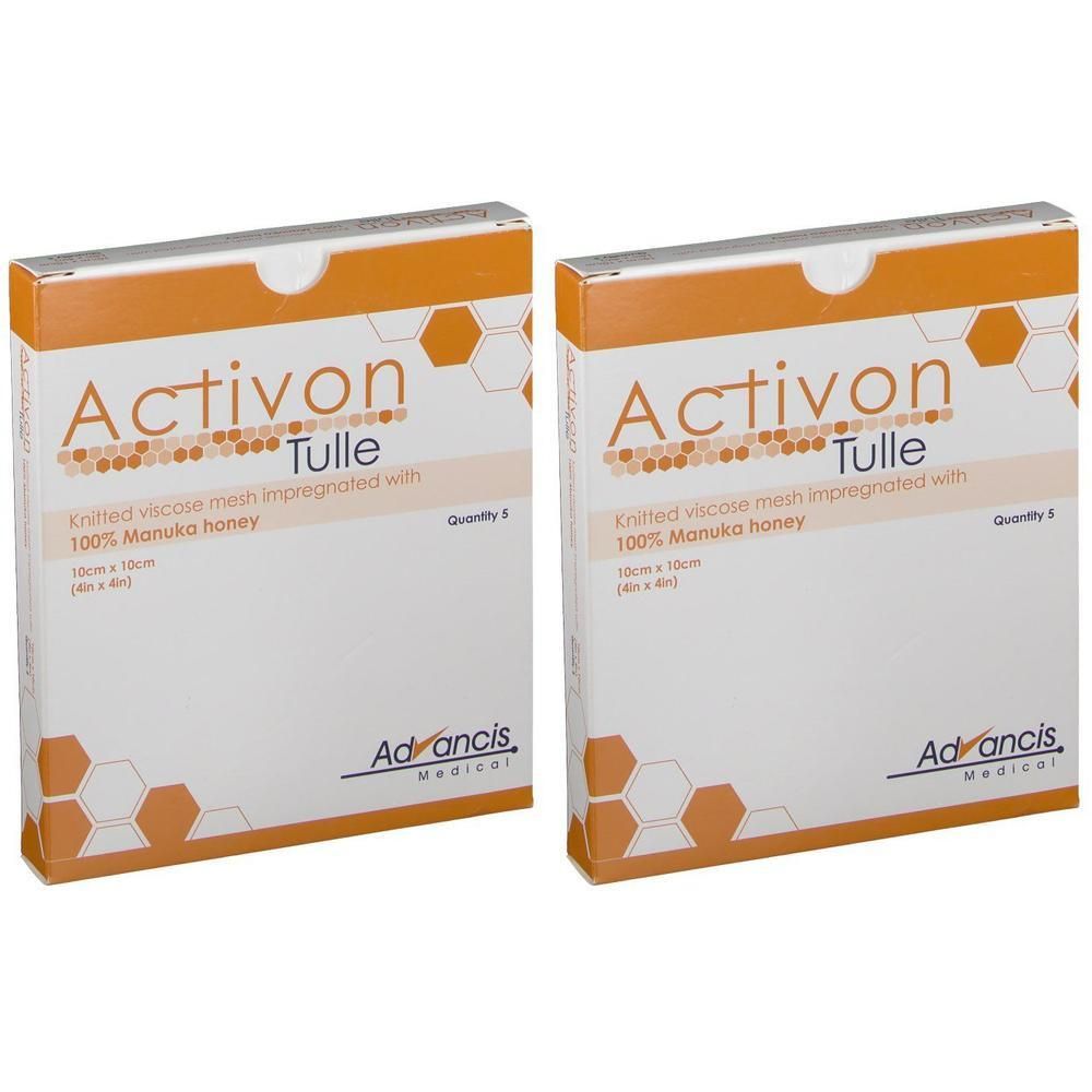 Deux boîtes d'Activon Tulle, maille de viscose imprégnée de miel de Manuka.