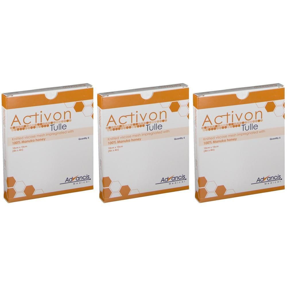 Trois paquets d'Activon Tulle, tulle de gaze imprégné de miel de Manuka.