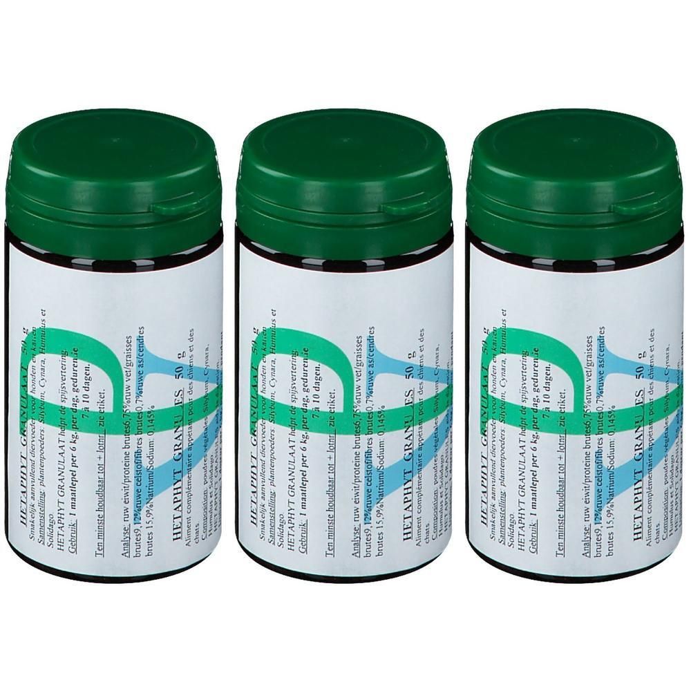 Drie potjes met groene deksel, met Hetaphyt Granulés 50g.