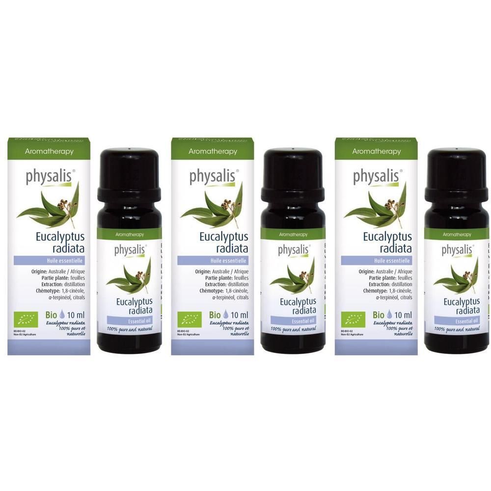 Cinq flacons d'huile essentielle bio Eucalyptus Radiata Physalis.