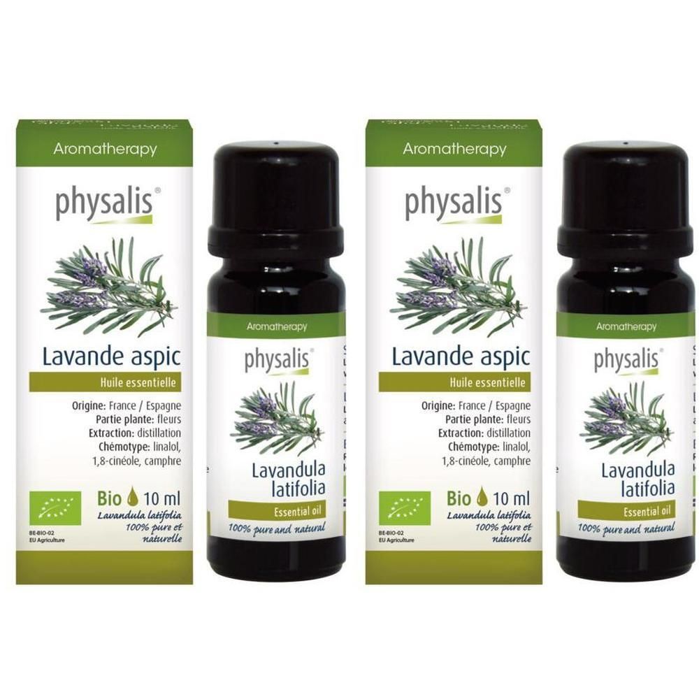 Huile essentielle Bio Physalis Lavande Aspic, 10 ml. Deux flacons avec branches de lavande et label Bio.
