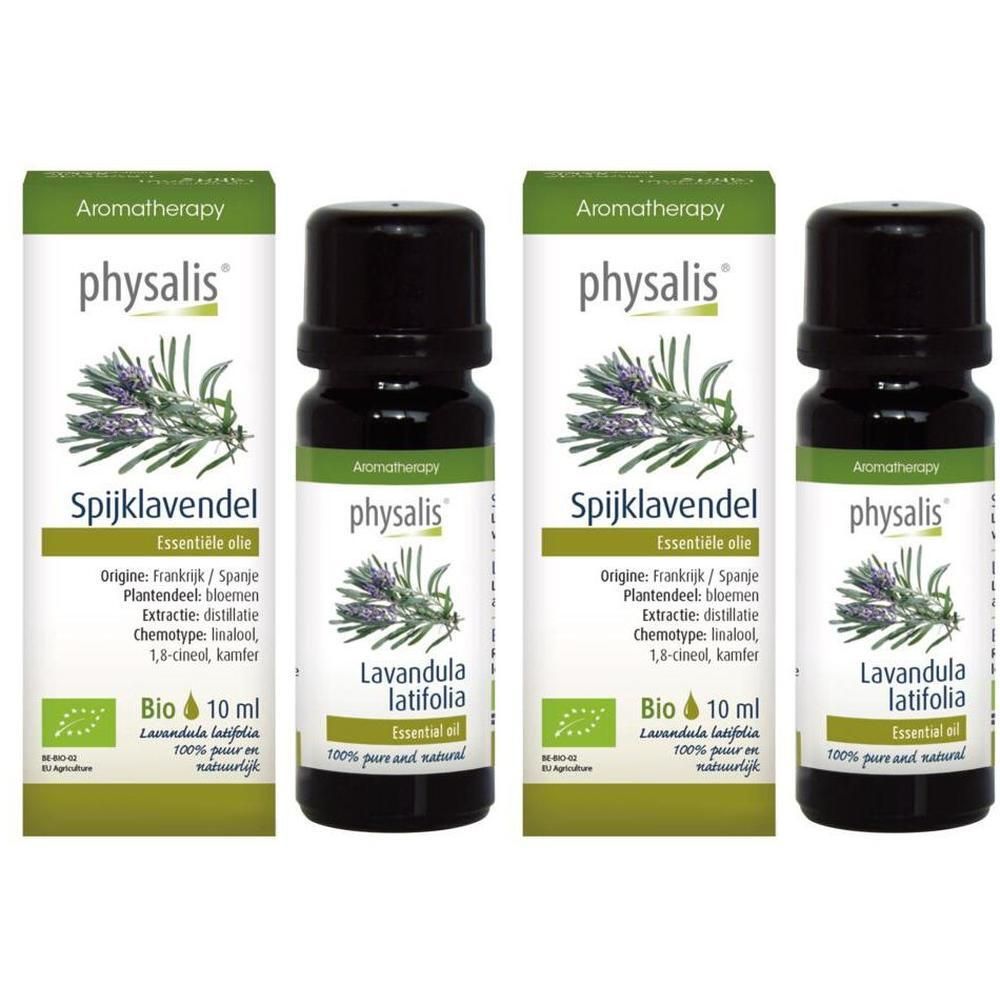 Biologische etherische olie Physalis Spijk lavendel, 10 ml. Twee flesjes met lavendeltakken en bio-keurmerk.