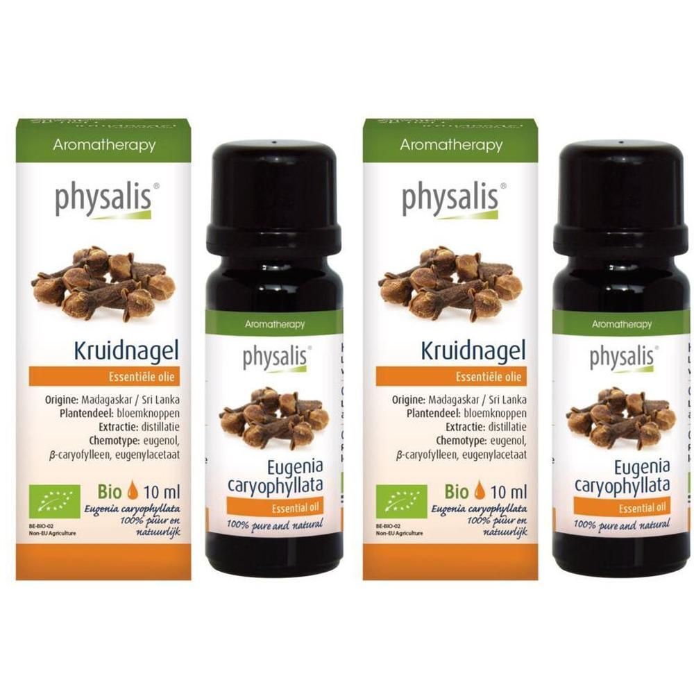 Vier flesjes Physalis biologische kruidnagel etherische olie, elk 10 ml.