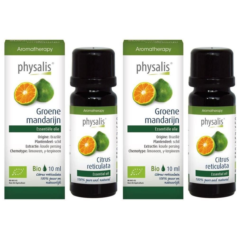 Physalis Groene mandarijn Essentiële olie Bio. Twee flesjes van 10 ml. Met Bio-keurmerk.