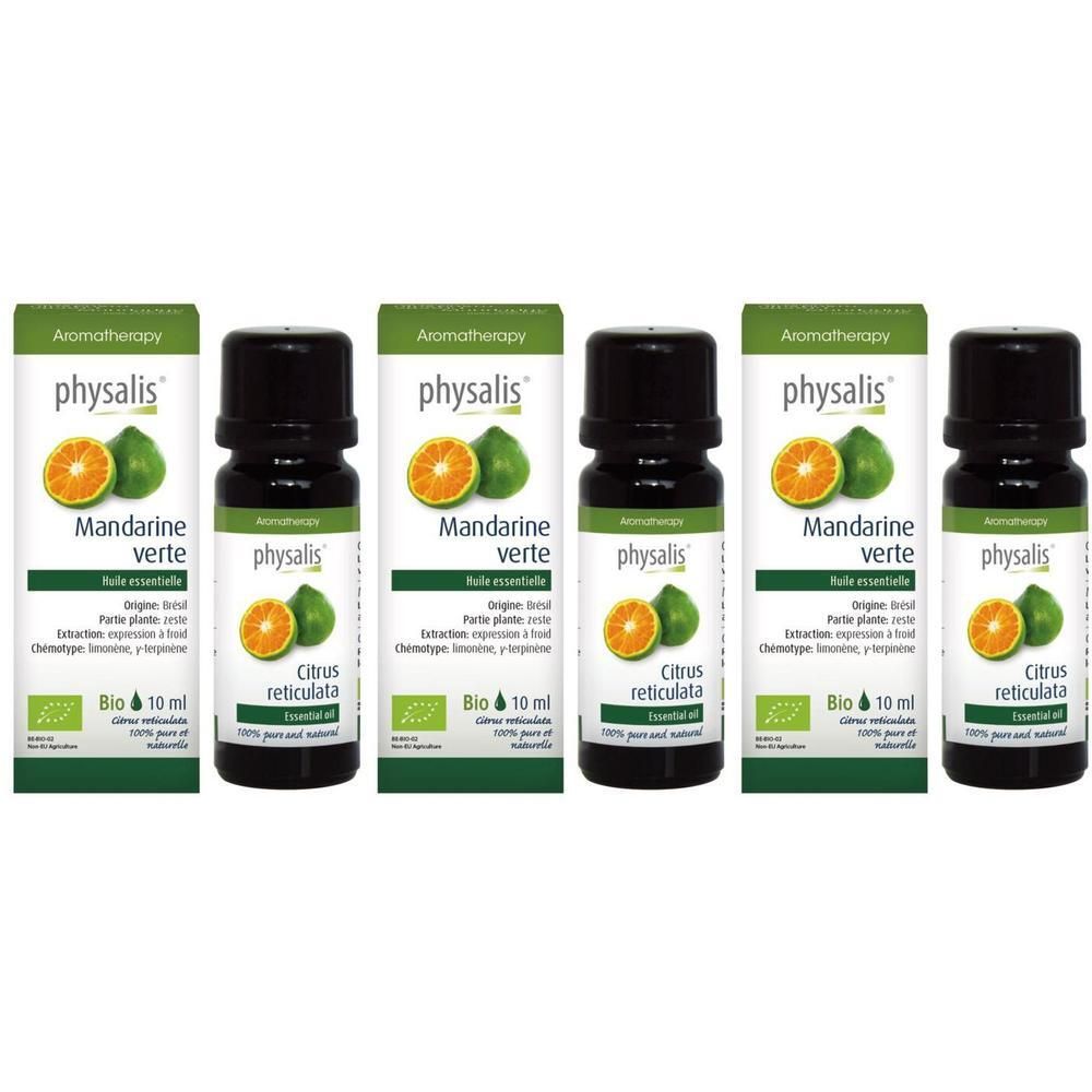 Cinq flacons d'huile essentielle bio Physalis Mandarine Verte, 10 ml chacun.