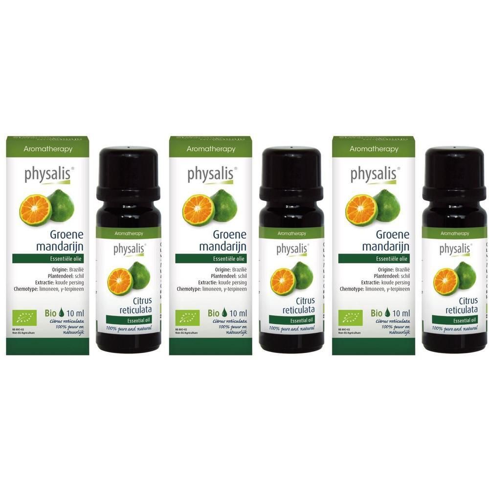 Vijf flesjes Physalis Groene mandarijn biologische etherische olie, elk 10 ml.