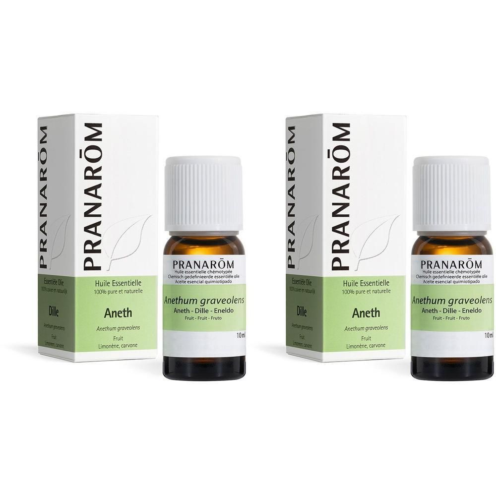 Deux flacons d'huile essentielle Pranarôm Aneth, 10ml, avec leurs boîtes.