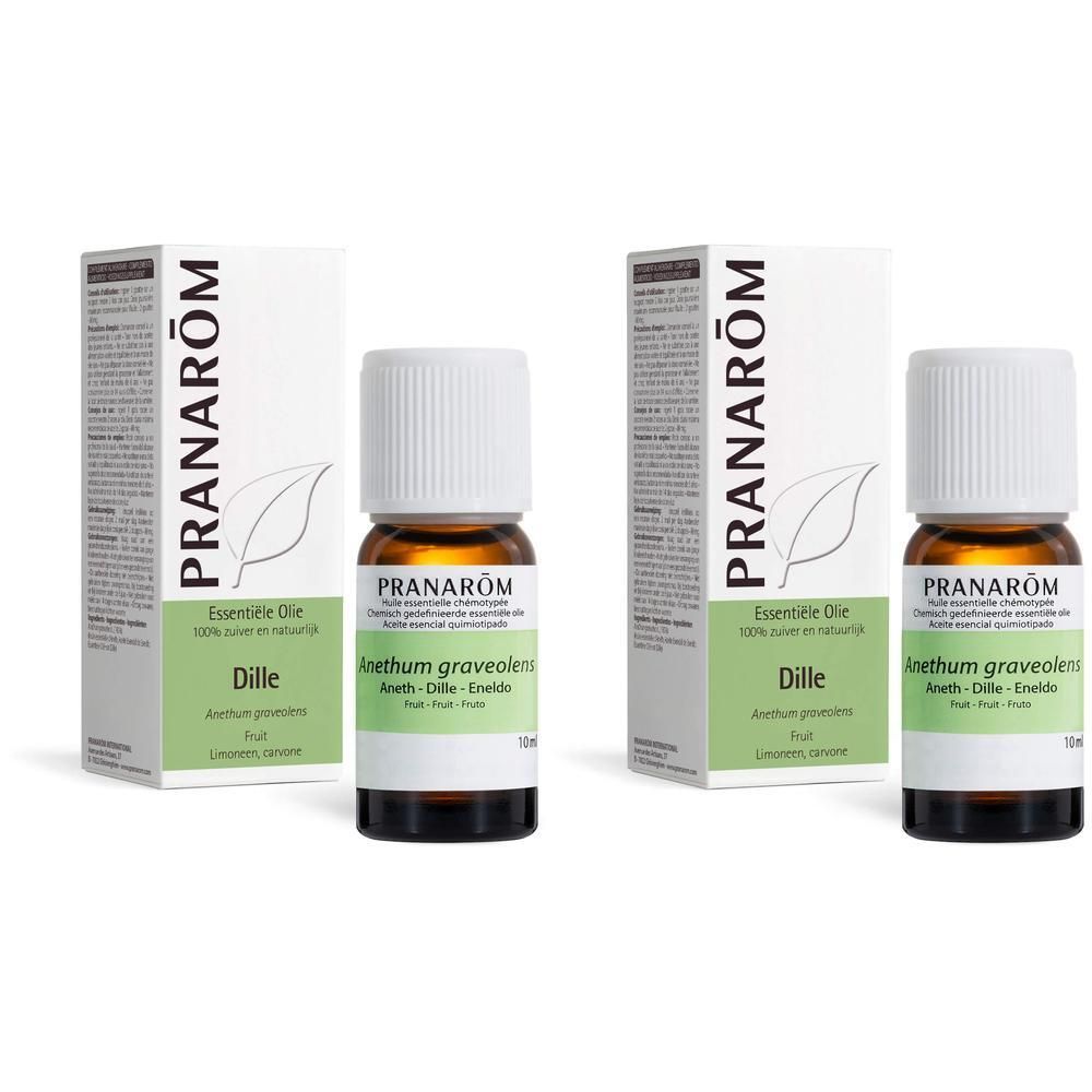 Twee flesjes Pranarôm Dille etherische olie, 10ml, met doosjes.