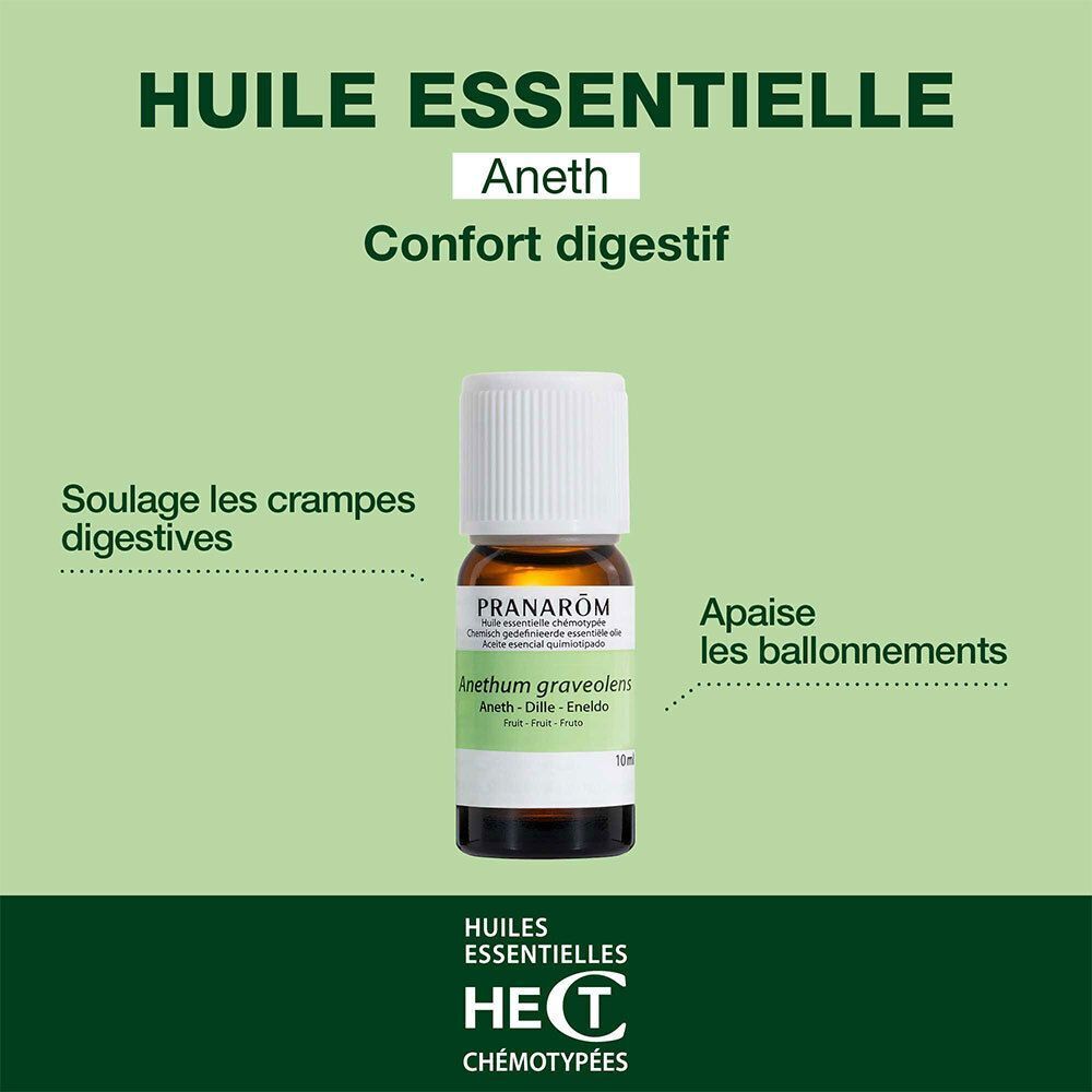 Flacon d'huile essentielle Pranarôm Aneth, 10ml, avec texte sur le confort digestif.