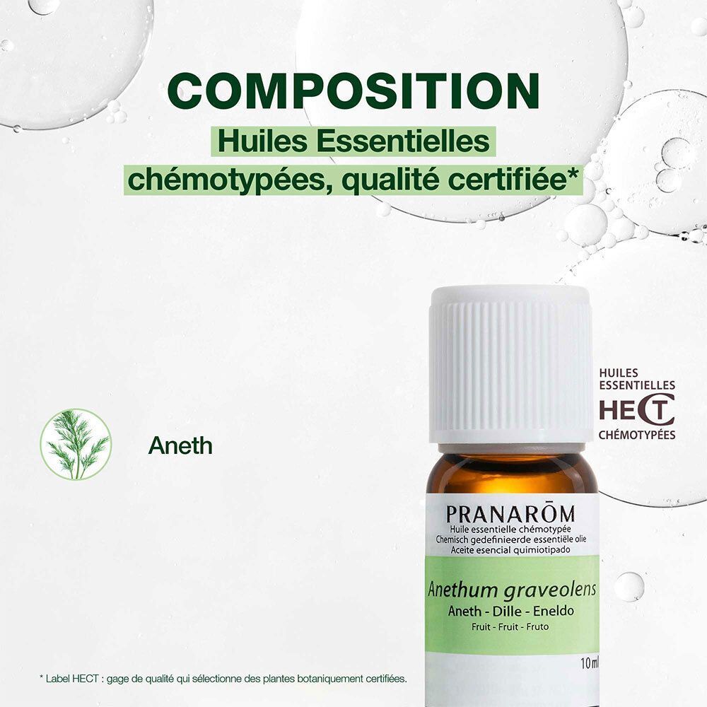 Flacon d'huile essentielle Pranarôm Aneth, 10ml, avec label HECT et illustration végétale.