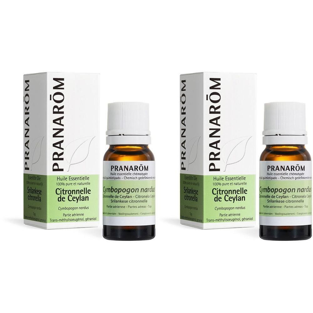 Twee flesjes Pranarôm Citronella de Ceylan etherische olie met verpakking.