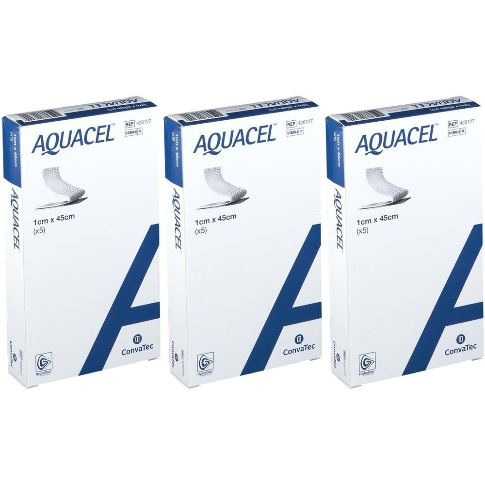 Drie verpakkingen Aquacel Hydrofibre verbanden, 1cm x 45cm (5 per verpakking).