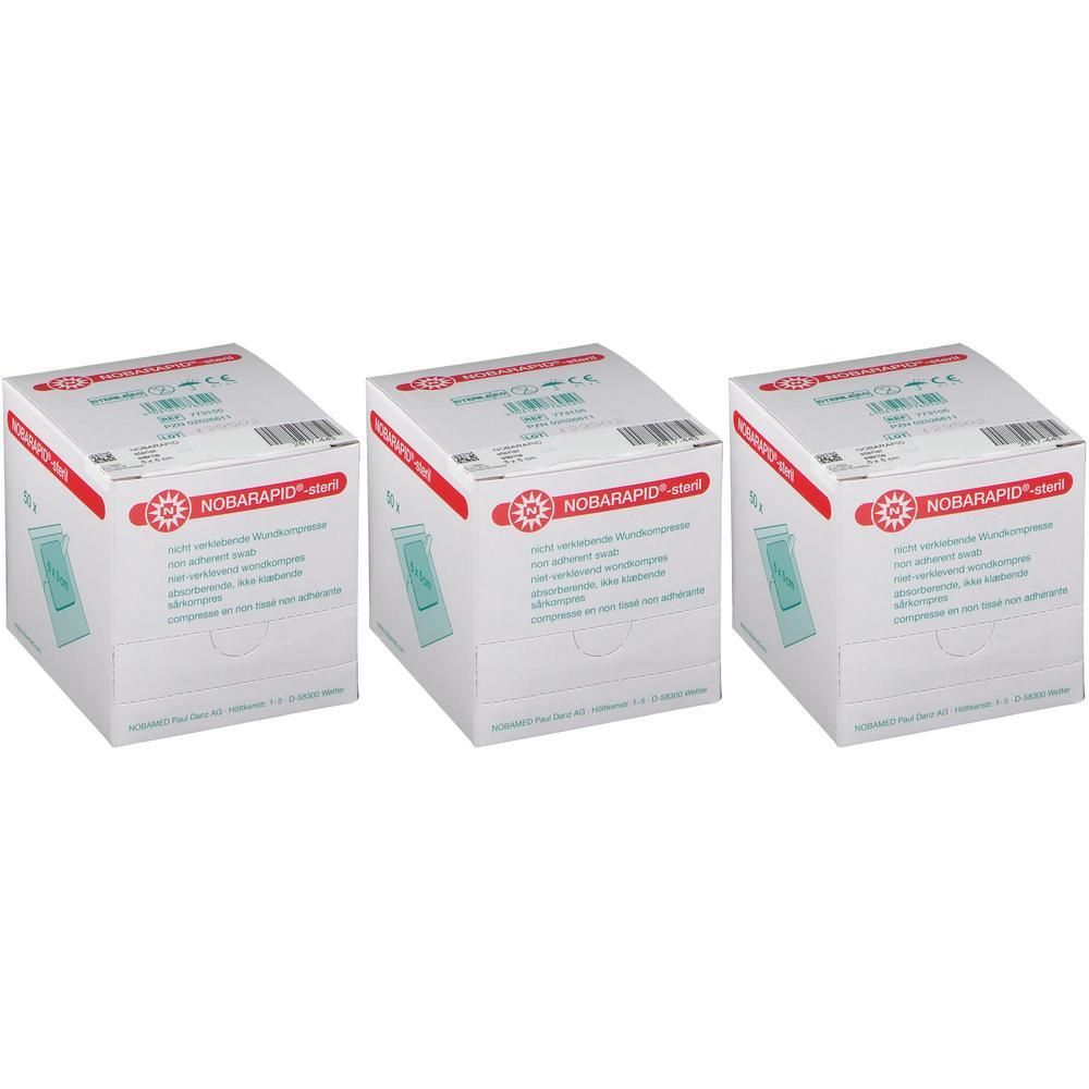 Trois paquets de compresses stériles NOBARAPID 5x5cm.