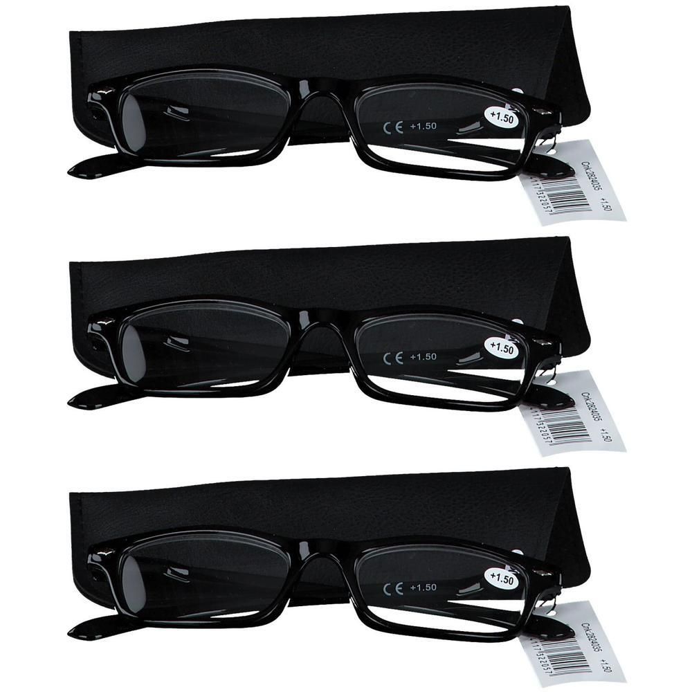 Trois paires de lunettes de lecture noires avec étuis, chacune avec +1.50 dioptrie et marquage CE.