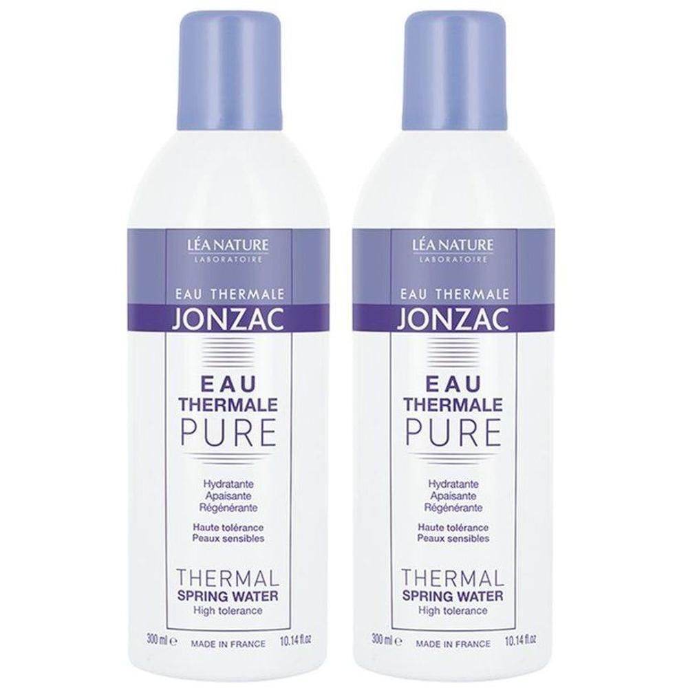 Twee flessen Jonzac Eau Thermale Pure Thermal Spring Water.