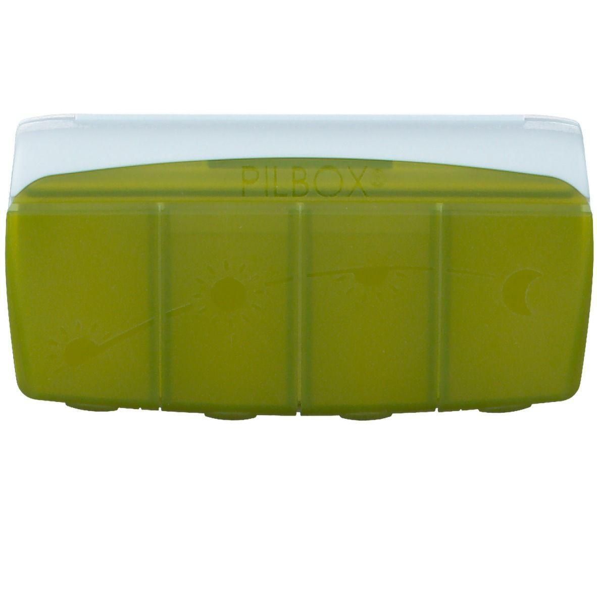 Groene pillendoos met vier vakken en transparant deksel. Zonsymbolen op de vakken.