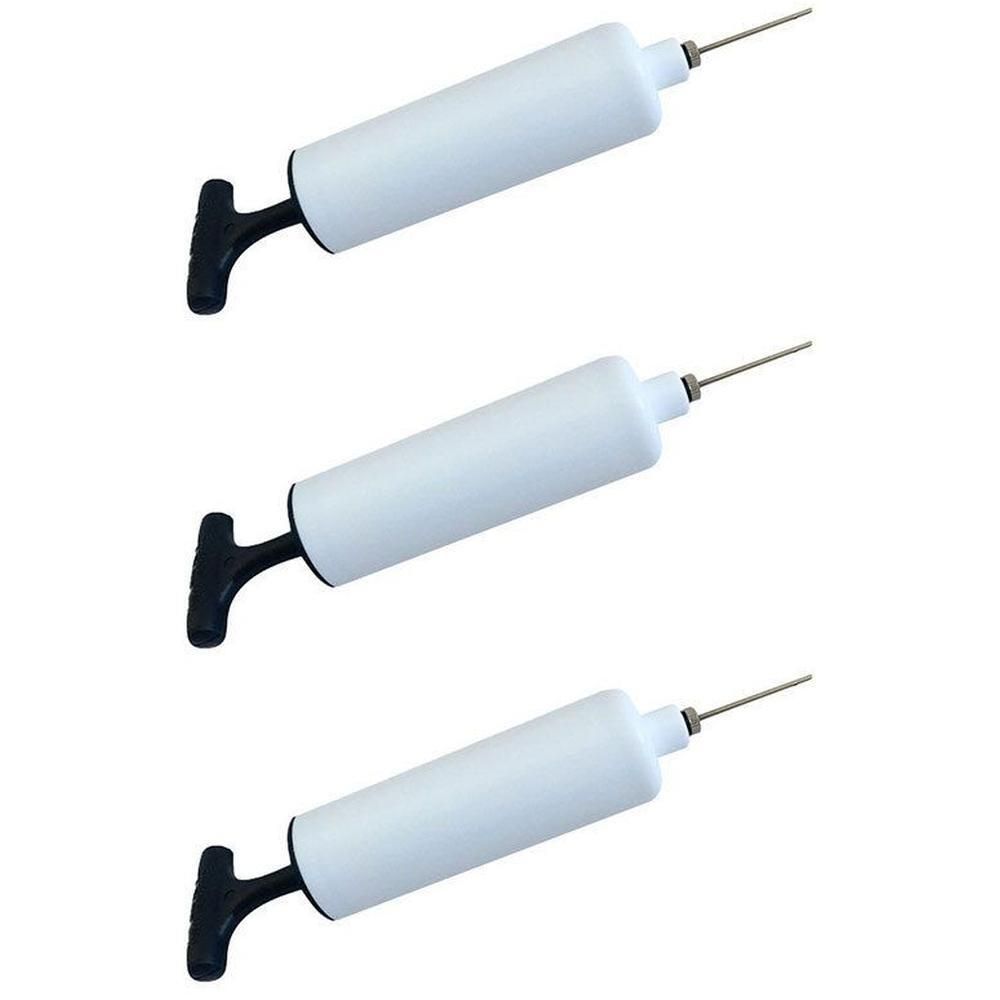 Drie witte ballenpompen met zwarte handgreep en naaldopzetstuk.