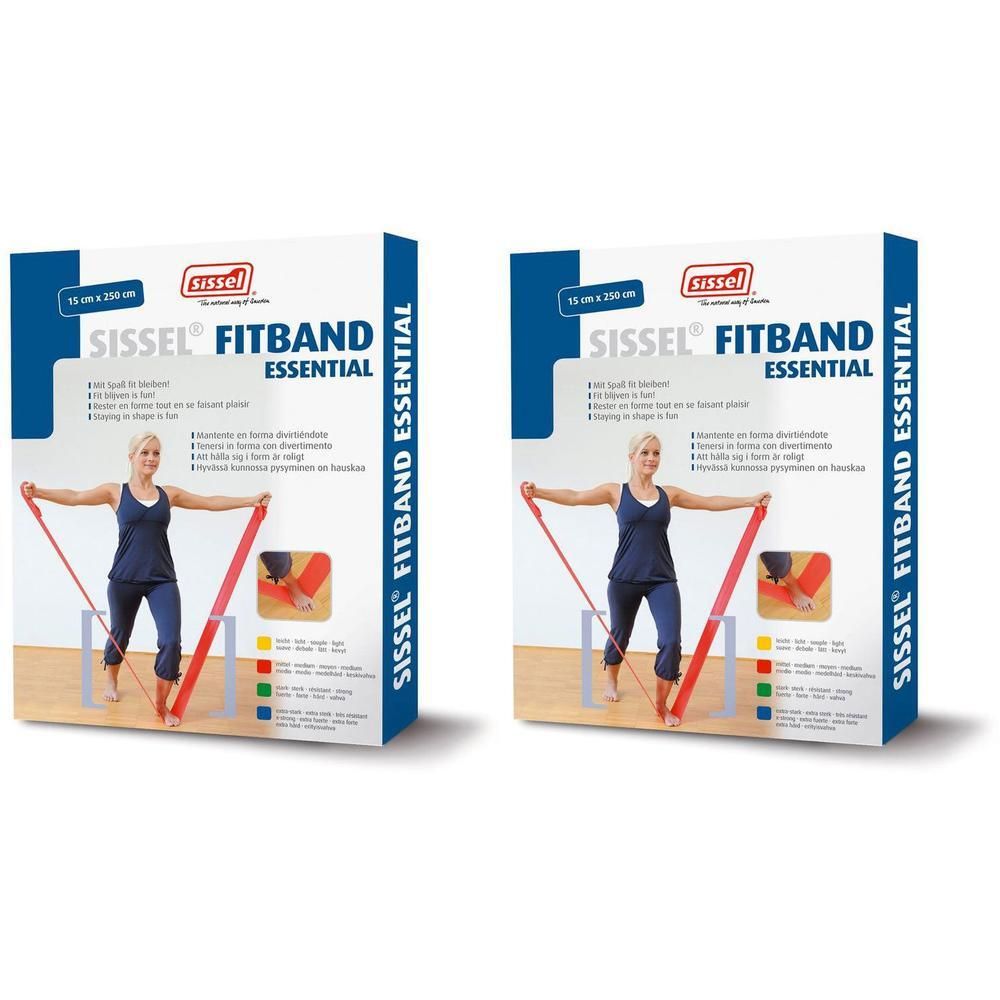 Deux paquets de Sissel Fitband Essential, 15cm x 2,5m, fort, vert. Montre une femme utilisant le bandeau.