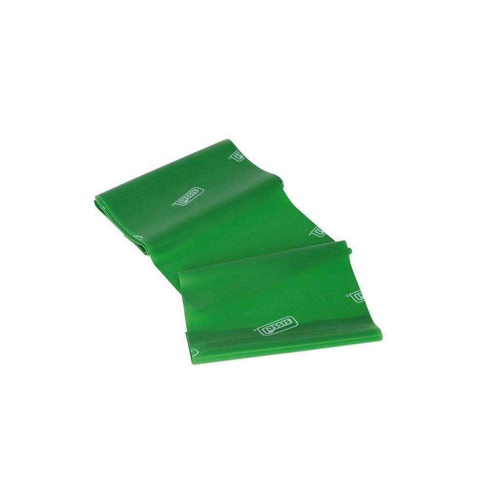 Een groen Sissel Fitband Essential, 15cm x 2,5m, sterk. De band is gevouwen en toont het logo.