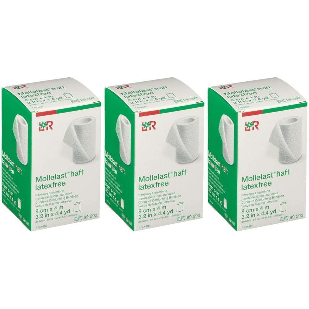 Drie verpakkingen Mollelast Haft Verband, latexvrij, 8 cm x 4 m.