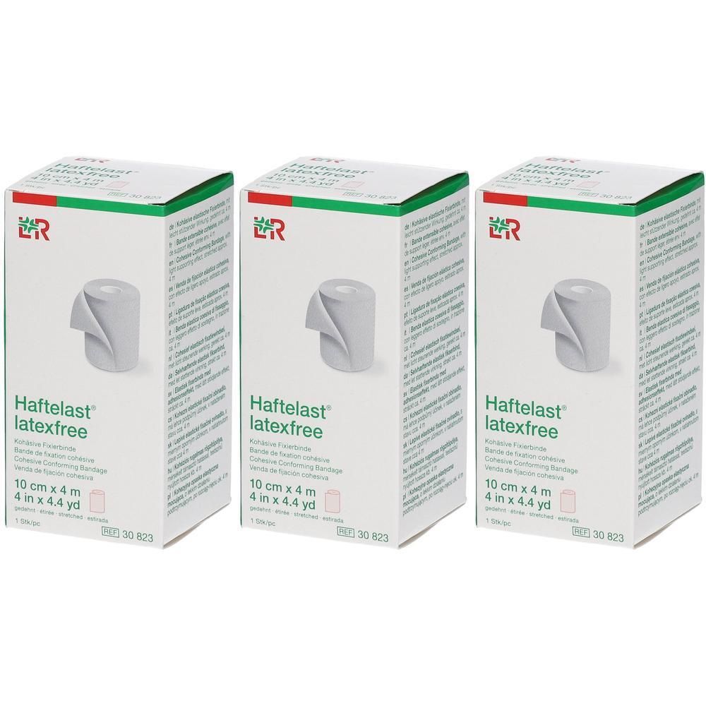 Trois paquets de bandage de fixation Haftelast, 10 cm x 4 m, sans latex.