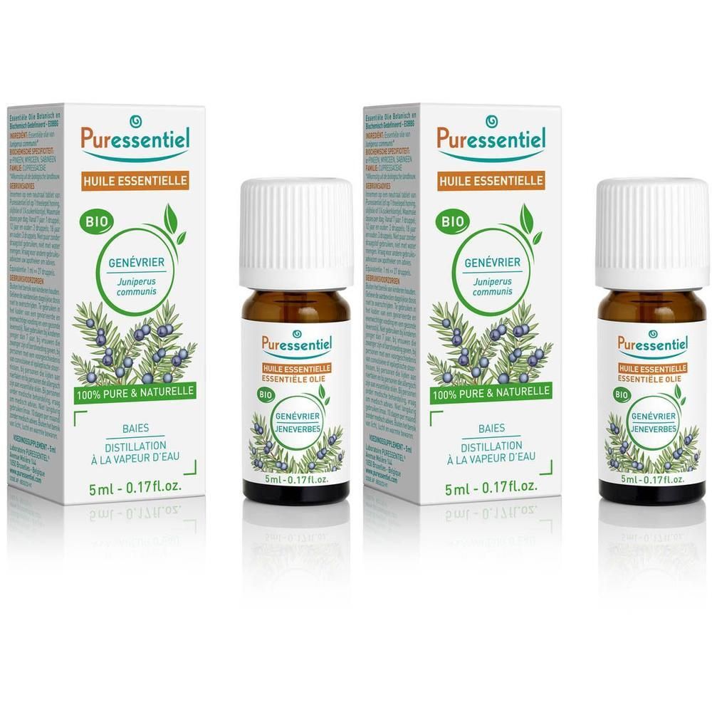 Twee doosjes en flesjes Puressentiel Jeneverbes etherische olie. 5ml.