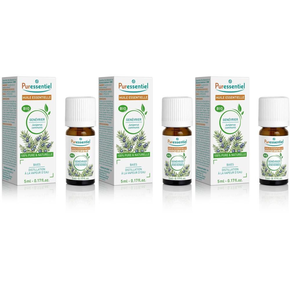 Quatre flacons d'huile essentielle de Genévrier Puressentiel, chacun avec sa boîte. Bio.