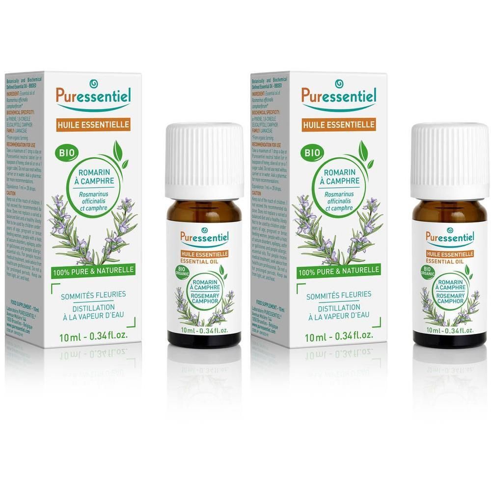 Deux flacons d'huile essentielle de romarin bio Puressentiel, 10ml.