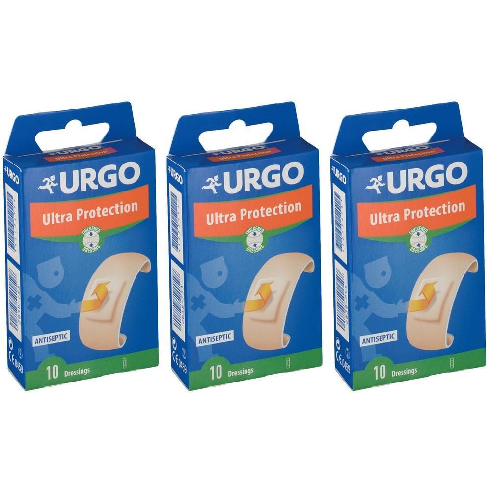 Trois boîtes de pansements Urgo Ultra Protection, chacune contenant 10 pansements antiseptiques.
