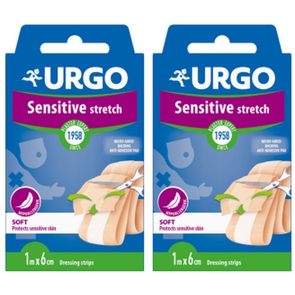 Twee pakken Urgo Sensitive Stretch verband, 1m x 6cm. Zacht en hypoallergeen.