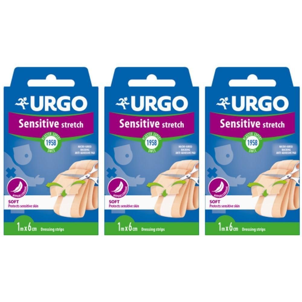 Trois paquets de pansements Urgo Sensitive Stretch, 1m x 6cm. Doux et protecteurs pour peaux sensibles.
