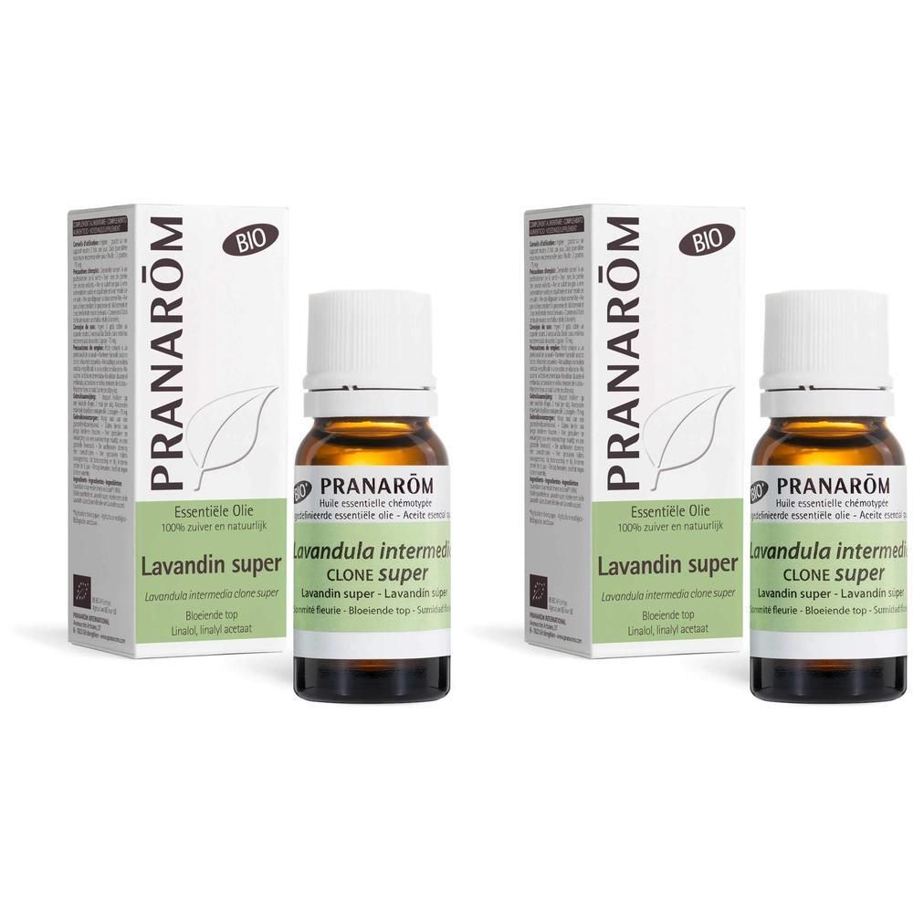 Deux flacons d'huile essentielle Pranarôm Lavandin Super Bio avec emballage.