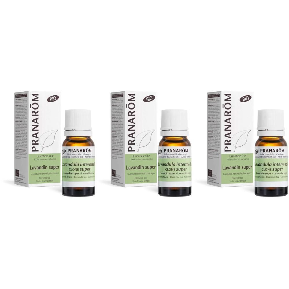 Trois flacons d'huile essentielle Lavandin Super Bio de Pranarôm avec emballage.