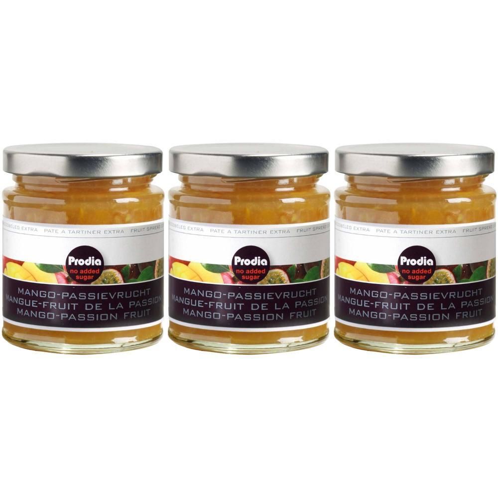 Drie potten Prodia Mango-Passievrucht Extra, zonder toegevoegde suikers.