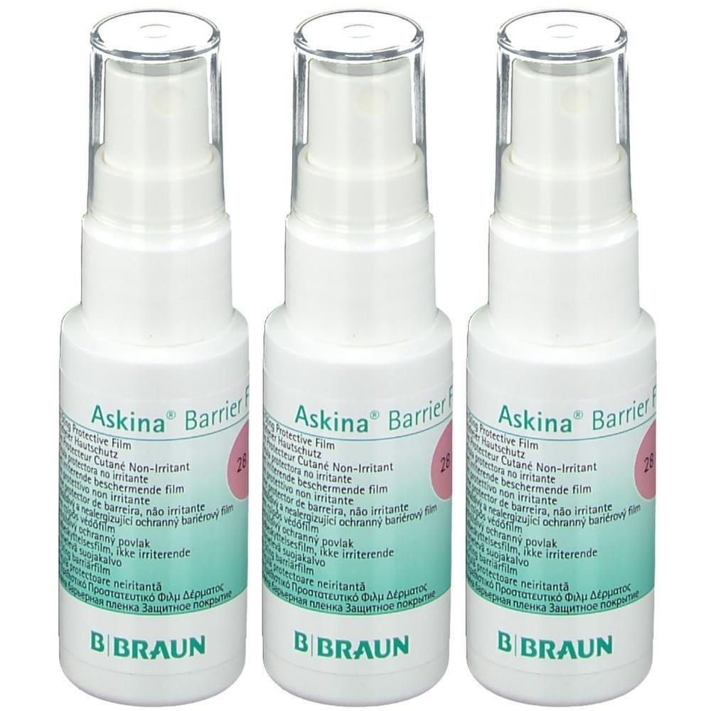Drie flacons Askina Barrier Film met spuitkop en doorzichtige dop. B. Braun logo onderaan.