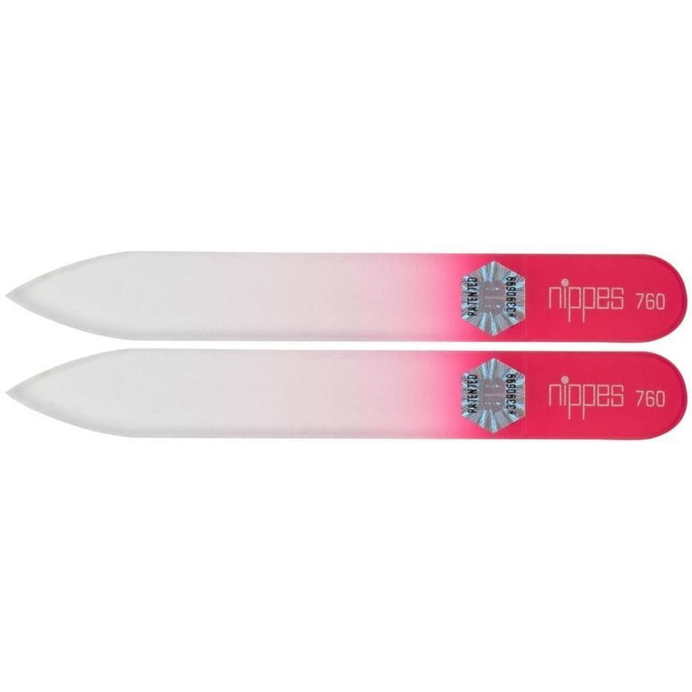 Deux limes à ongles en verre avec dégradé rose et logo de la marque.