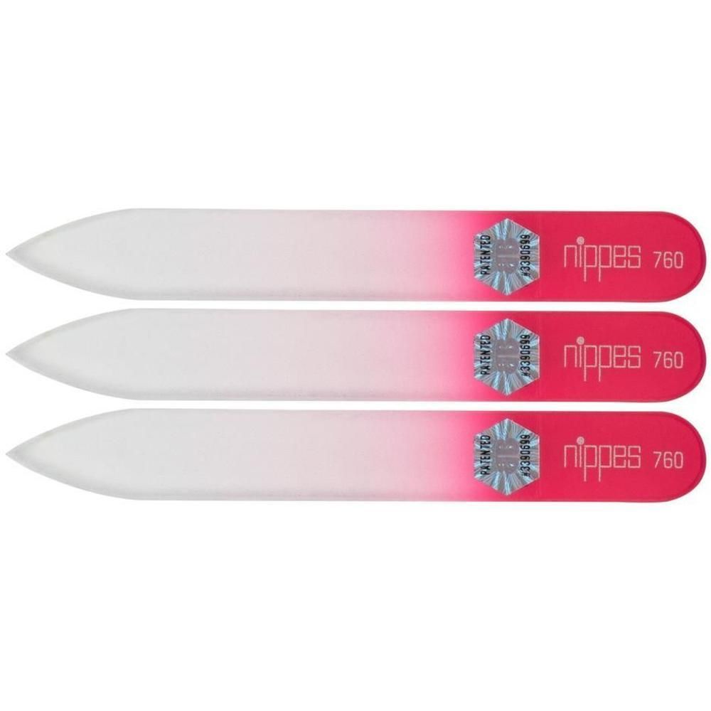 Drie glasnagelvijlen met kleurverloop van wit naar roze, met 'nippes 760' opdruk.