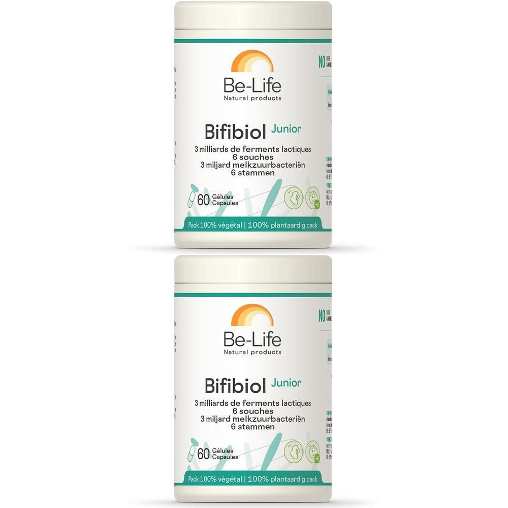 Deux pots de capsules Be-Life Bifibiol Junior, contenant 60 capsules.