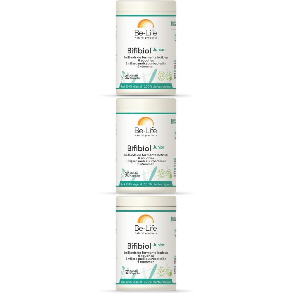 Drie Be-Life Bifibiol Junior potjes met 60 capsules.