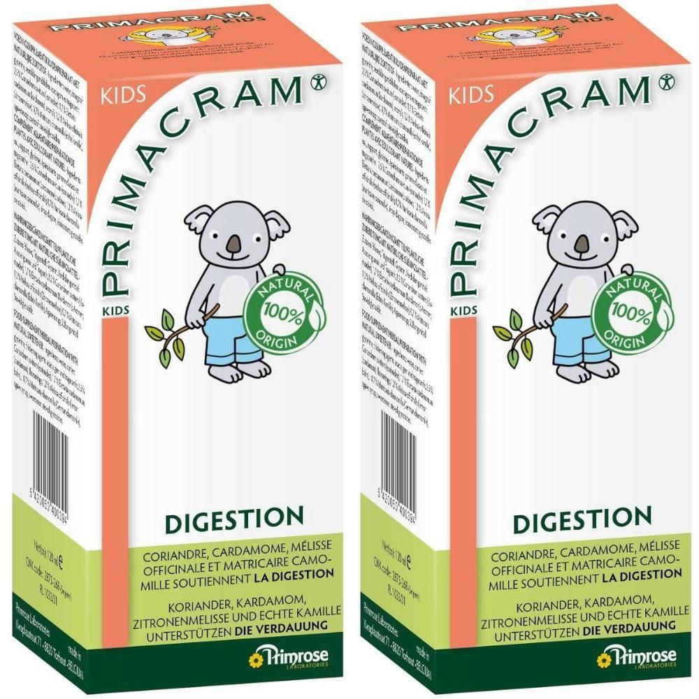 Twee Primacram Kids dozen met koala-illustratie, 100% Origin-zegel en tekst over spijsverteringshulp.