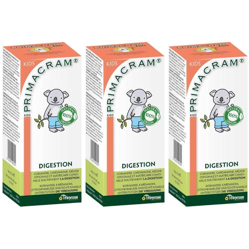 Drie pakken Primacram Kids Digestion met koala-illustratie en "100% Natural Origin"-zegel.
