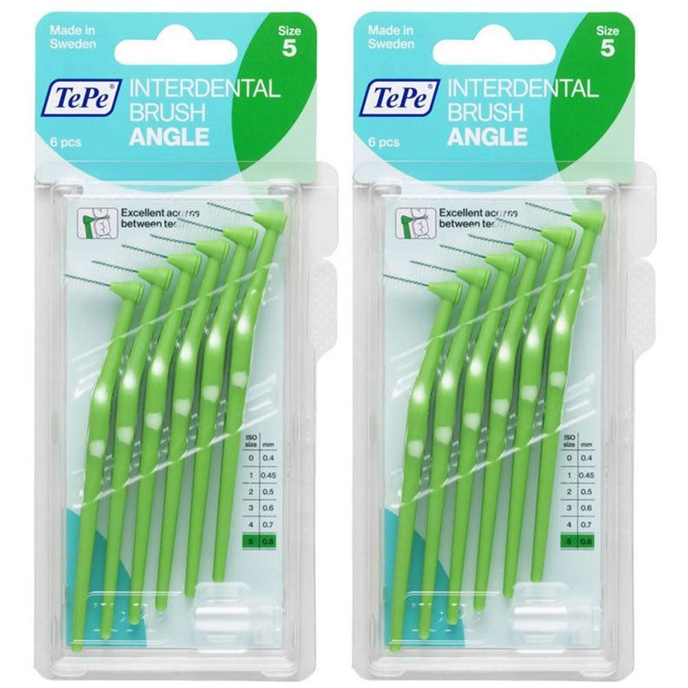Twee pakken TePe Interdental Brush Angle, maat 5, 6 stuks per pak. Groene borsteltjes met schuine kop.