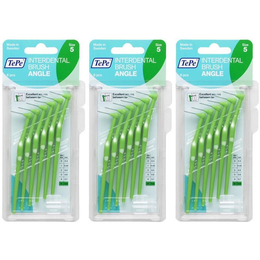 Brosses interdentaires TePe Angle, taille 5, 8 pièces. Brossettes vertes avec tête coudée.