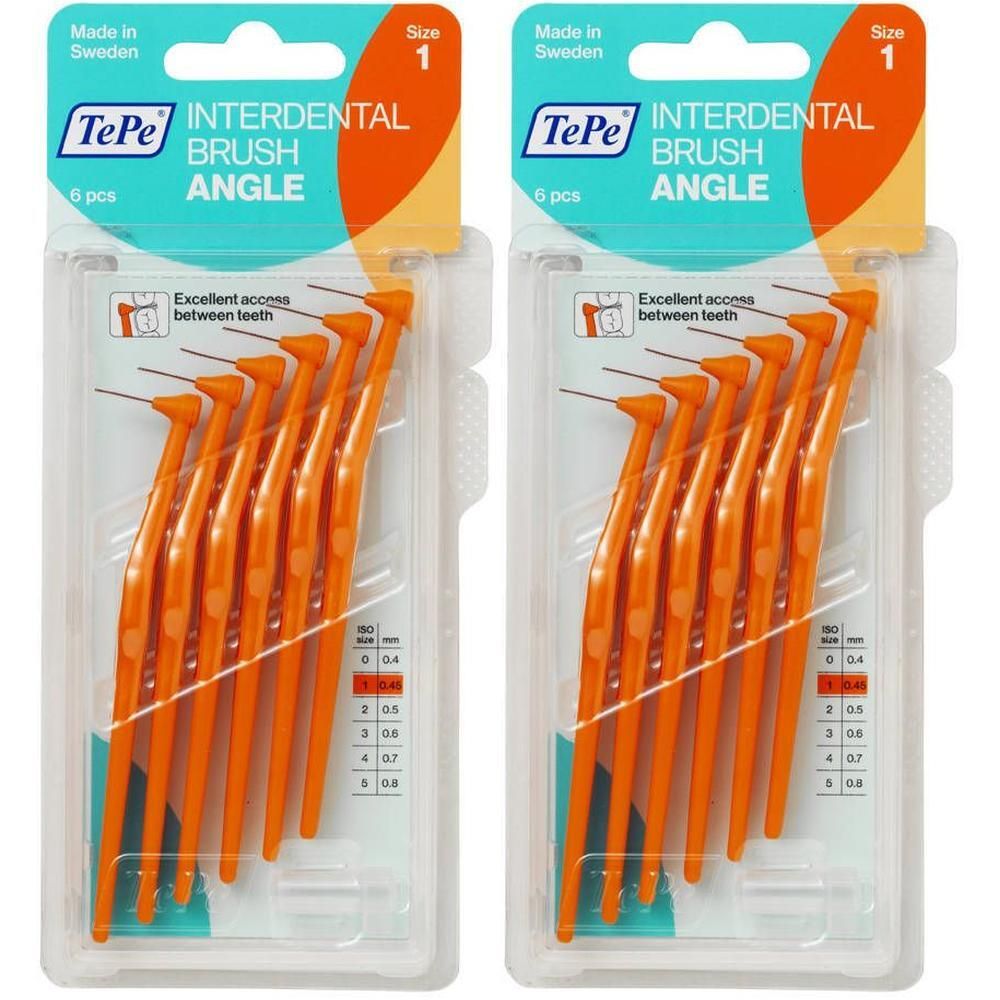 Deux paquets de brosses interdentaires TePe Angle Orange, taille 1, 6 pièces par paquet.