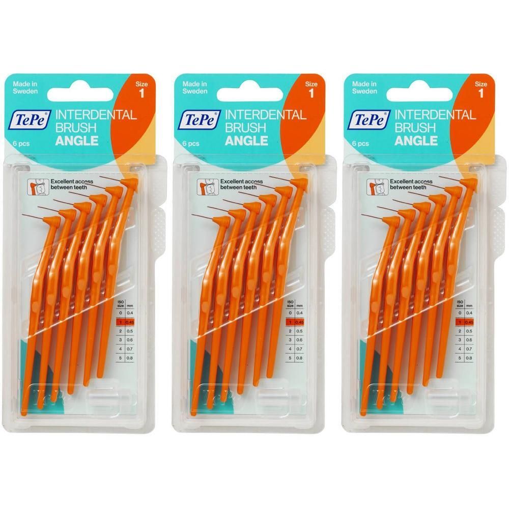 Trois paquets de brosses interdentaires TePe Angle, orange, taille 1, 6 pièces par paquet.