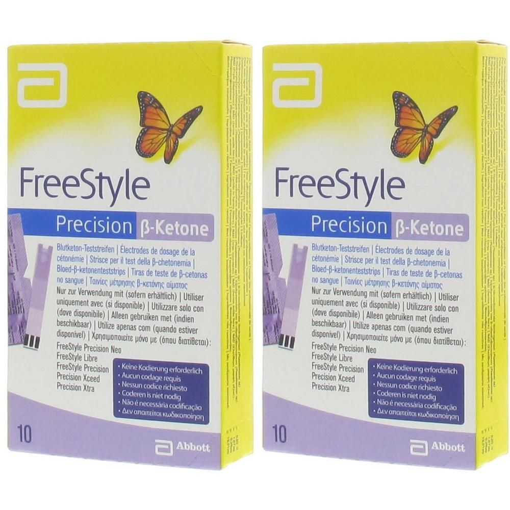 Deux boîtes de bandelettes réactives Freestyle Precision B-Ketone, 10 par boîte.