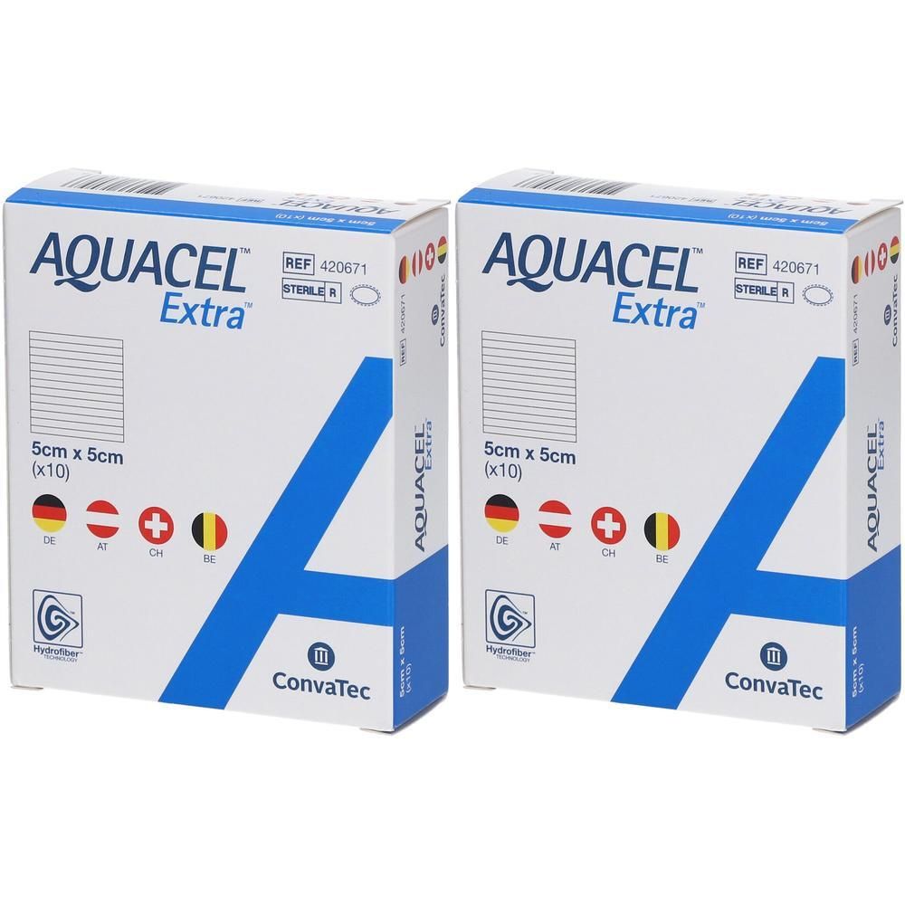 Twee verpakkingen Aquacel Extra verbanden, 5x5cm (10 verbanden per verpakking).