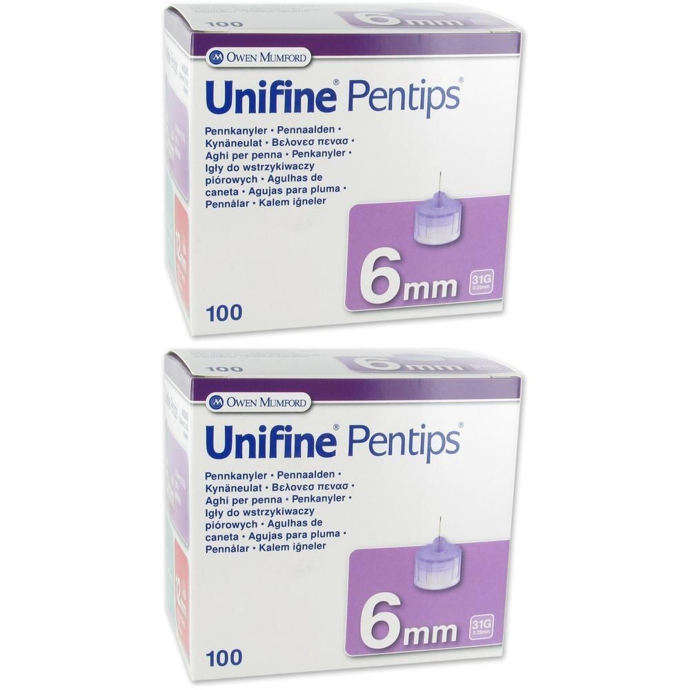 Twee dozen Unifine Pentips naalden, 6 mm, 31G. Elke doos bevat 100 naalden.