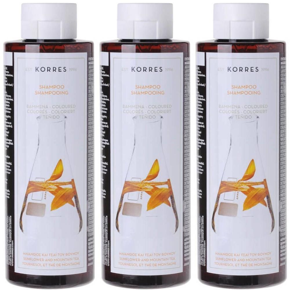 Trois bouteilles de shampooing Korres au tournesol et thé de montagne.