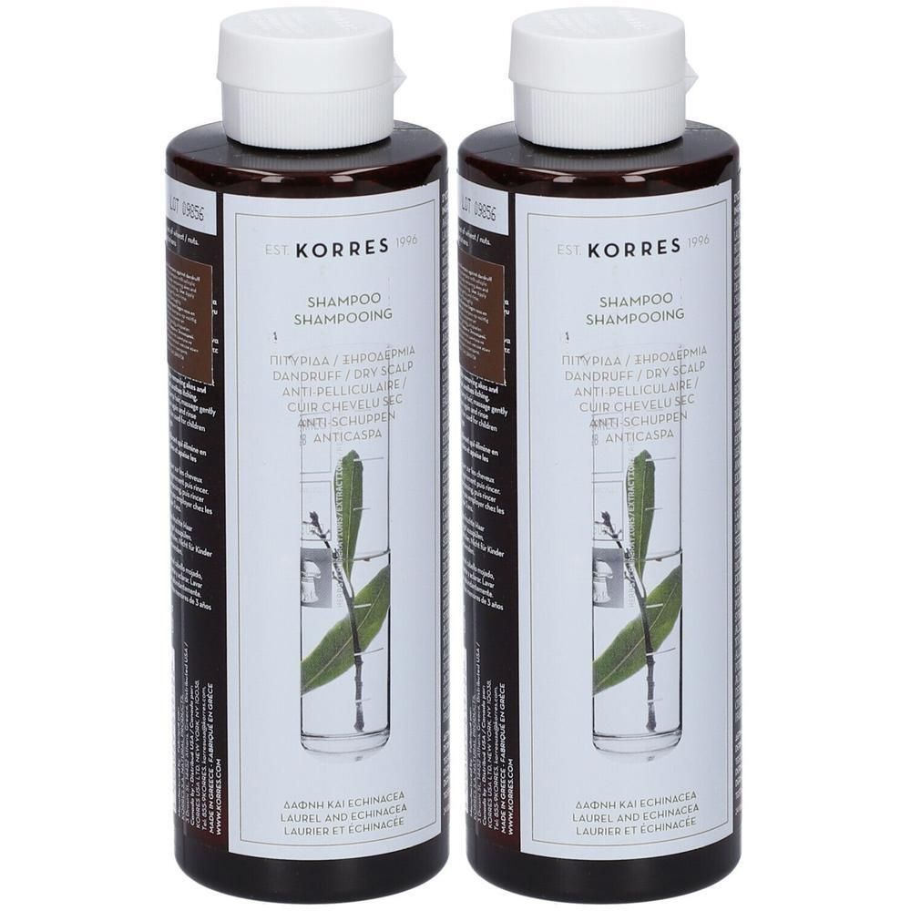Twee flessen Korres Shampoo met Laurier en Echinacea voor droog, schilferig haar.